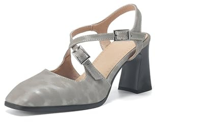 Generico Scarpe Donna Slingback Pumps Punta Quadrata Tacco Largo Doppio Cinturino Caviglia Tessuto Jacquard Soletta Imbottita Comoda Stile retrò Scarpe Quotidiane,Grigio,34 EU