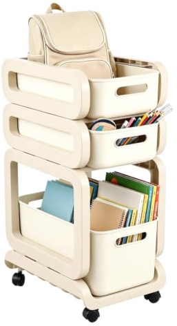 BREEZENEST 3-Tier Rolling Storage Cart with Drawers Mobile Utility Organizer Trolley on Wheels for Kitchen Bathroom Office Living Room Laundry Craft Room Space-Saving Bookshelf Shelf Unit Beige