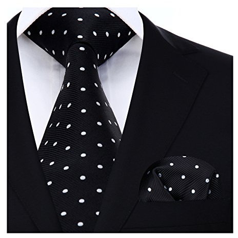 HISDERN Black and White Ties for Men Polka Dot Wedding Tie Handkerchief Formal Business Necktie & Pocket Square Set