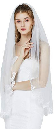 Velo de Novia Boda Blanco Marfil Sencillo Encaje Bordado Borde 1 Capa Suave Tul Con Peine V84