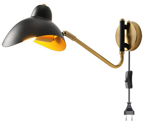 OOWOKS Wandleuchte in Schwarz mit Schalter und Stecker, Industrie Wandlampe Vintage Verstellbare Bettlampe Wand-Leselampen mit Kabel, E27 Innen Leuchten für Wohnzimmer Schlafzimmer Büro