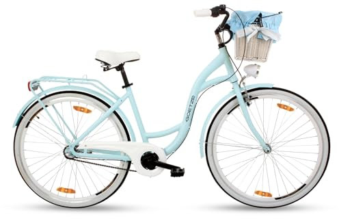 Goetze Style 28 Zoll Damen Citybike, 18 Zoll Tiefeinsteiger Aluminiumrahmen, 3-Gang Nabenschaltung, Rücktrittbremse, V-Bremse, LED-Beleuchtung, Rattankorb, Komfortsattel, mit Ständer & Klingel
