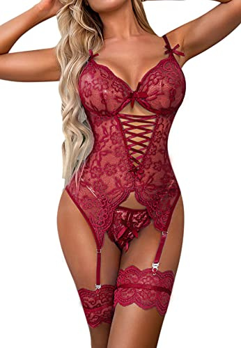 Evelife Set di lingerie sexy da donna in pizzo con polsini alla coscia, biancheria intima, babydoll con giarrettiera alla coscia senza calze, Rosso vinaccia, S