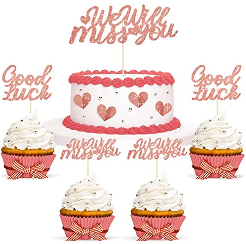 13 Pièces Décorations de Gâteau Scintillantes Topper de Gâteau We Will Miss You Topper de Cupcake de Coeur Pic de Gâteau Good Luck Garnitures de Cupcake à Paillettes pour Fête (Or Rose)
