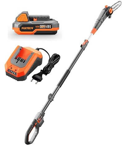 Fuxtec Élagueuse sur Perche À Batterie 20V FX-E1HE20 avec Batterie 2Ah et Chargeur 1A Scie à Branche Télescopique avec Manche Télescopique Extensible - 70 à 260 cm