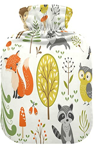 Mnsruu Cartoon Fuchs Pilz Eichhörnchen Hirsch Wärmflasche mit Samtbezug, 1L Transparenter Wärmbeutel zur Linderung von Handschmerzen, Heißkältetherapie Krämpfe