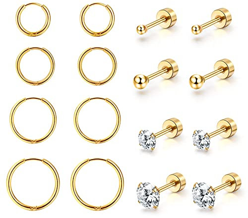 Dochais 8 Paar Ohrring Set, 316L Chirurgenstahl, 14K Gold plattiert Cubic Zirkonia Runde Ohrstecker, Hypoallergene Knorpel Huggie Hoop, Mehrfach-Piercing (Gold, Silber)