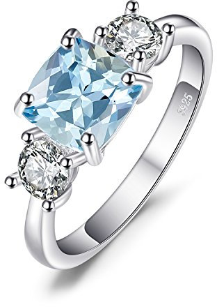 JewelryPalace Cushion Cut 2.6ct Genuine Blue Topaz 3 stones Rings for Her, 14K White Gold 925 Sterling Silver Promise Ring for Women, Natural Gemstone Jewellery Sets Rings Size 9