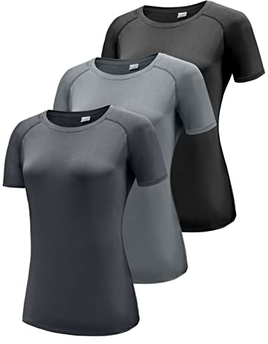 Boyzn Women's 3 Pack Short/Long Sleeve Workout Running Shirts, UPF 50+ Sun Protection Shirts, Athletic Exercise Gym T-Shirts-Black/Grey/Dark Grey(Short Sleeve)-S