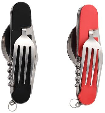 FUZVOL Folding Camping Cutlery Set Stainless Steel Portable Utensil 6 in 1 Multitool Outdoor Tableware for Travel, Hiking, Picnic (2 Pack), Black+Red
