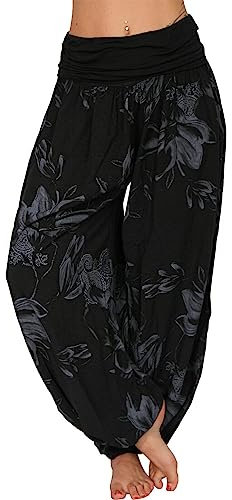 shownicer Haremshosen Damen Kurz Pumphose Hippie Pluderhose Lässige Stoffhose Weite Aladinhose Atmungsaktive Freizeithose Yogahose Strandhose mit Taschen Baggy Hose Leichte Sommerhose C Schwarz 3XL
