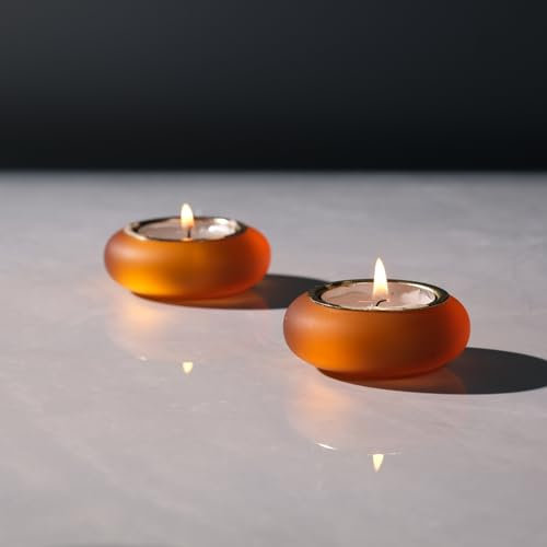 ICNBUYS Handgefertigter dekorativer Kieselstein-Teelichthalter, 2er-Set, handgefertigter Deko-Akzent für beruhigende, erdige, ästhetische, orangefarbene matte Oberfläche, Kunstharz, Durchmesser 6,6 cm