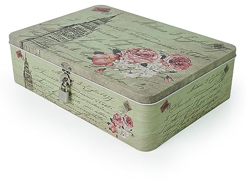 Aoneky Tin Vintage Storage Box with Lids, 12.2 x 9 x 3.5in - Metal Bin for Medication Photo Files for Table Wardrobe Organiser - Secret Money Container First Aid Boxes (Green)