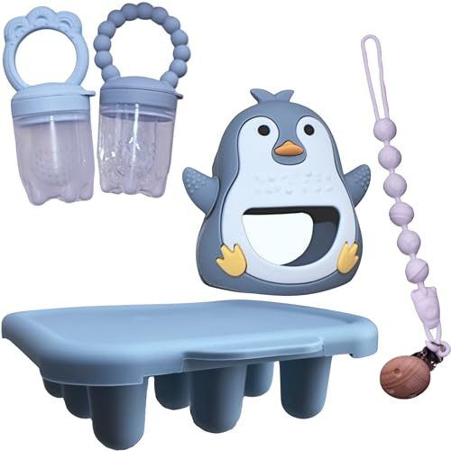 MIMITO Baby Fruchtsauger Set – 2 Silikon Food Feeder + Gefrierschale + Pinguin Beißring BPA-frei + Schnullerclip Holz & Silikon, Baby Lernsauger & Zahnungsspielzeug ab 4 Monate (Blau)