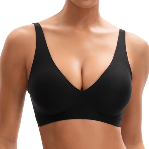 INNERSY Sujetador sin Aros Negro Suaves Sujetadores Mujer con Cuello en V Sostenes sin Costuras (XL, Negro)