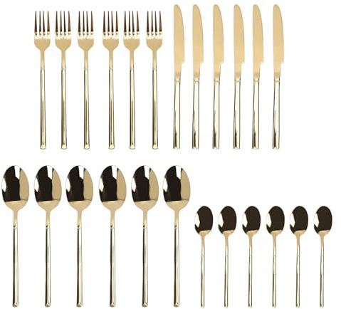 Fabater Ensemble de Couverts en Acier Inoxydable 24 Pièces, Ensemble D'ustensiles de Coutellerie avec 6 Fourchettes à Dîner, 6 Cuillères à Dîner, 6 Emporte-pièces, 6 Cuillères à Dessert, (GOLD)