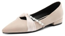 Generico Ballerine Punta Donna con Perle Fiocco Satin Design A Taglio Tacco Basso Antiscivolo Confortevoli Resistenti per Uso Quotidiano,Beige,35 EU