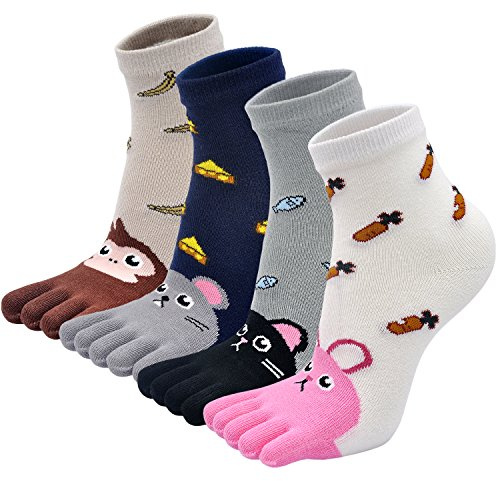 PUTUO Calcetines Cinco Dedos para Niños y Niñas, Calcetines de Algodón, Animales, Comodidad, Prevención Hallux Valgus, 7-12 Años, 4 Pares Multicolor-4