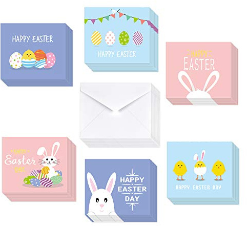 TUPARKA 36 Pack Happy Easter Cards, Easter Greeting Cards Assortment,Spring Note Cards with 36 Envelopes for Kids, 6 Designed