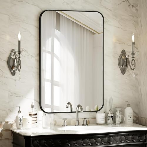BEAUTYPEAK 24 x 36 Rectangular Aluminum Alloy Frame Wall Mounted Bathroom Mirror with Rounded Corners, Black