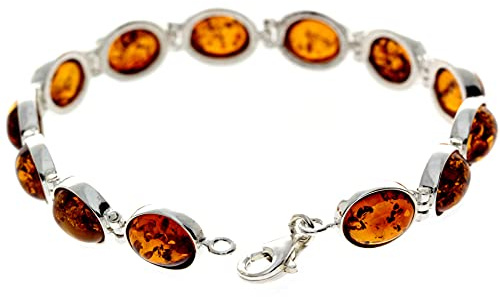 Classic Designer GL549 - Bracciale in argento Sterling 925 con pietre ovali in ambra baltica, 19 cm, Carta Pietra Argento sterling, ambra