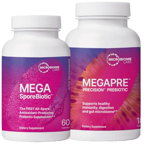 Microbiome Labs MegaSporeBiotic (60 Capsules) + MegaPre (180 Capsules) Probiotic Prebiotic Bundle - Spore-Based Probiotic with Prebiotic Fiber Supplement
