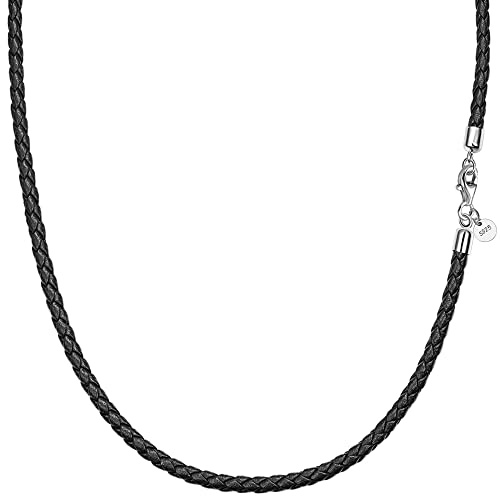 Viwind Collier en Cuir Authentique 2,5mm / 3mm de Large, Chaîne Tissée de 45 à 60cm, Fermeture en Argent Sterling 925 pour Pendentif DIY (45, Noir)