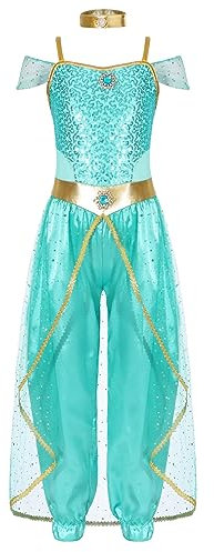 TiaoBug Mädchen Bauchtanz Kostüm Pailletten Schulterfrei Top und Weites Bein Hose Prinzessin Tanzkostüm Halloween Fasching Verkleidung Türkis B 122-128