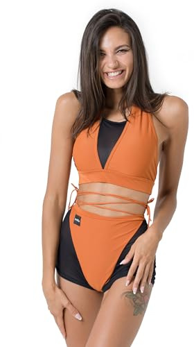 Invertika Completo Donna Top e Shorts Unica Pole Dance Sportivo con Retina e Sgambatura Regolabile con Lacci. Made in Italy (M, Arancio)