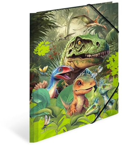 HERMA Samlarmappar A4-dinosaurierset, 3 stycken, barnhörnspännarmappar av kartong med djur dino-motiv, elastiskt band, inre klaffar och innertryck för pojkar och flickor