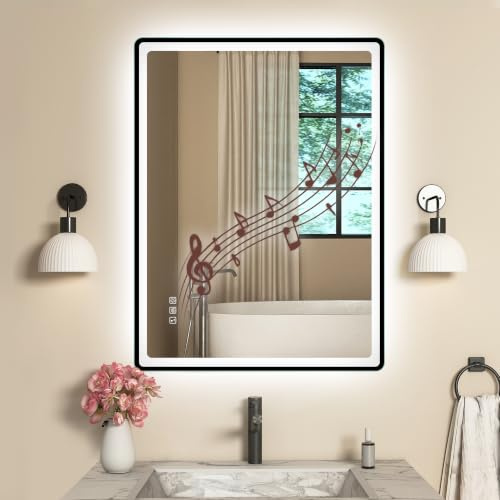 STARLEAD 60x80cm Noir Miroir-Salle-de-Bain-avec-Éclairage et Bluetooth, Anti-buée, 3 Couleurs Lumière, Dimmable, IP44, Verre Trempé, Horizontal/Vertical, Cadre Non Métallique