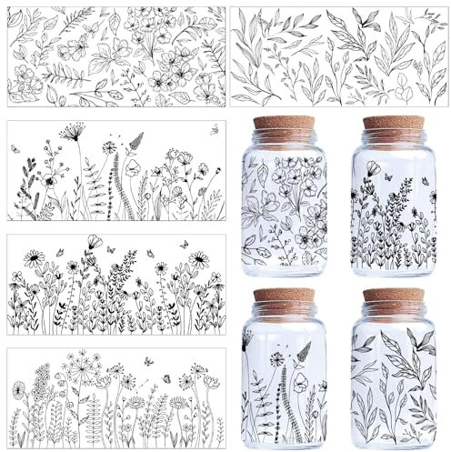 CREATCABIN 5 Blatt Blumen-Transferaufkleber Für Glasbecher,Zum Aufreiben,Transparenter UV-DTF-Cup-Wrap-Transfer,PVC,Wasserdicht,Wildblumen-Vintage-Aufkleber,Abziehbilder Für Heimwerkerarbeiten,24x11cm