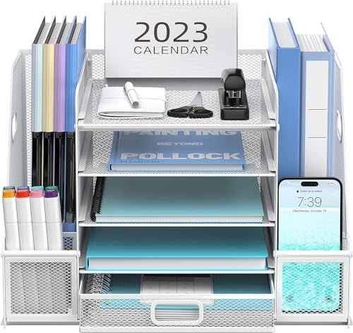 SUPTIDY Organiseur de bureau en maille avec porte-documents, porte-lettres en papier à 5 niveaux, organiseur de bureau avec tiroir, blanc