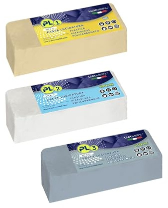 Lux Metal - Kit 3 Pasta Pulidora Abrasiva para Plástico 600 gr PL1-PL2-PL3 (Fine-S.Fine-Ultra Fine) Pulido Plexiglás Transparente Policarbonato Pulido Plástico Quitar Arañazos Renovar Faros Coche