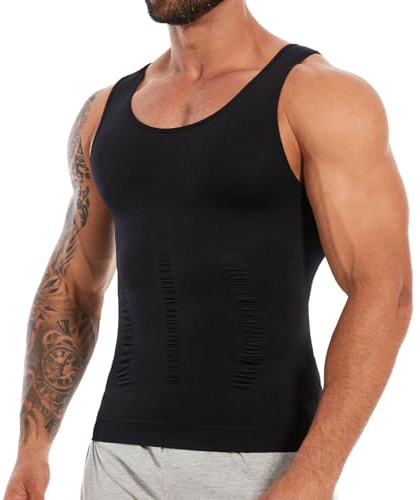 SLIMBELLE Compression Vest Men Elastic Slimming Waist Trainer Tummy Control Base Layer Undershirts Compression top Shapewear Body Shaper for Men Black