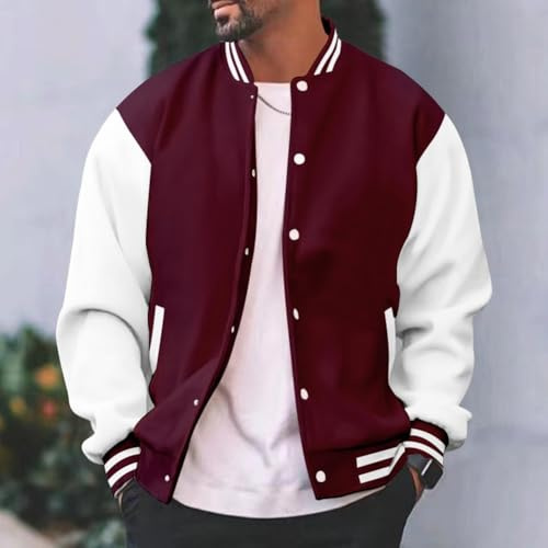 Veste de baseball en polaire fine à la mode pour hommes, manteau universitaire classique à épissure (taille L, rouge foncé)