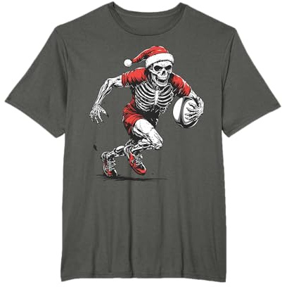 Santa Skeleton Playing Rugby Funny Halloween Christmas Xmas T-Shirt