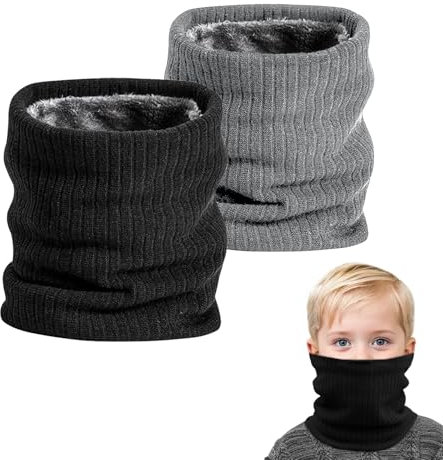 SEFIRST 2 Stück Winter Halsschlauch Kinder Ski, Schlauchschal Kinder, Loop Schal Halswärmer Nackenwärmer Gesichtsschal, Winddichte Thermo, Fleece Rundschal für Fahrrad Joggen, Schwarz Hellgrau