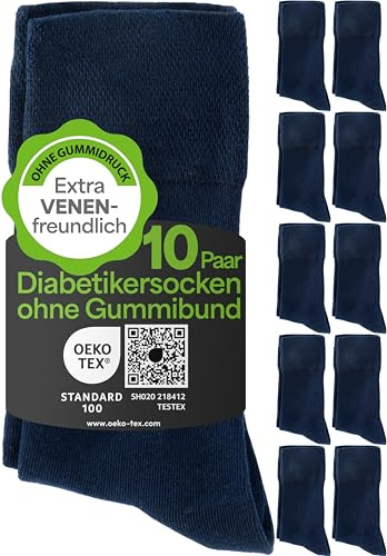HELDENWERK Lot de 10 paires de chaussettes pour diabétiques pour homme et femme - Sans élastique et coutures en 97 % coton - Chaussettes de santé extra larges avec bord confortable, Bleu marine (10