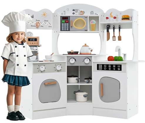 Maxmass Kids Corner Kitchen, Wooden Toy Kitchen with Coffee Maker, Lights, Rounds, Sink, Microwave, Faucet, Utensils, Toddler Play Kitchen Children Role Play Cooking Set for 3+ Years Old