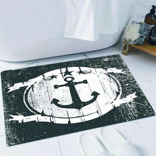 FSDGY Badvorleger Fußmatte Flauschig Teppich Badezimmerteppich Duschmatte für Bade & Wohnzimmer Schlafzimmer,Anker, Vintage Navy Grunge Schild mit Anker dunkel gebeizt Farben künstlerische,40x60 cm