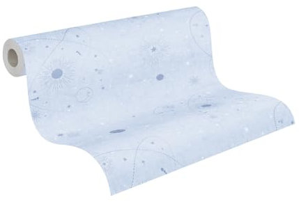 A.S. Création Kinderzimmer-Tapete Lilly & Luis - Strapazierfähige Vliestapete in Weltall-Optik - 10,05 m x 0,53 m - Blau, Weiß - Made in Germany – 771312