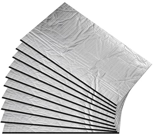 10 pannelli isolanti in alluminio butilico, 250 x 180 x 7 mm, autoadesivi, isolanti, ignifughi, impermeabili, per isolamento acustico e isolamento termico in appartamenti, uffici e veicoli