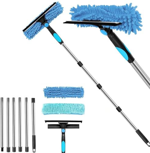 250cm Teleskop Fensterwischer Abzieher Set, 2-in-1 Fensterreiniger Set mit 6 Verlängerungsstangen, Ausziehbarer Fensterwischer mit Mikrofaserschrubber, für Bad Dusche Glas Spiegel Auto
