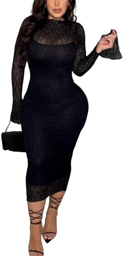CALEBGAR Women's Elegant Bodycon Midi Dress Lace Sheer Mesh Long Sleeve Slim Fit Long Dress Party Cocktail Wedding Guest Dress Black