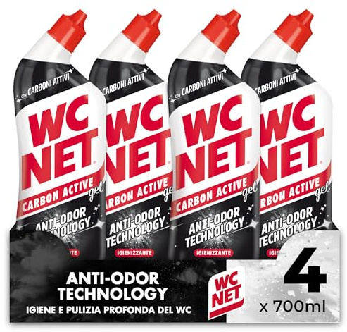 Wc Net – Carbon Active Anti-Odor, Detergente Liquido per WC con Carboni Attivi, Contrasta i Cattivi Odori del WC, 700ml x 4 Confezioni
