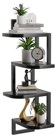 hi-home Juego de 4 estantes de esquina para colgar en la pared, de madera rústica, para habitación de los niños, estantería de pared de esquina de madera, para baño, salón, cocina, color negro