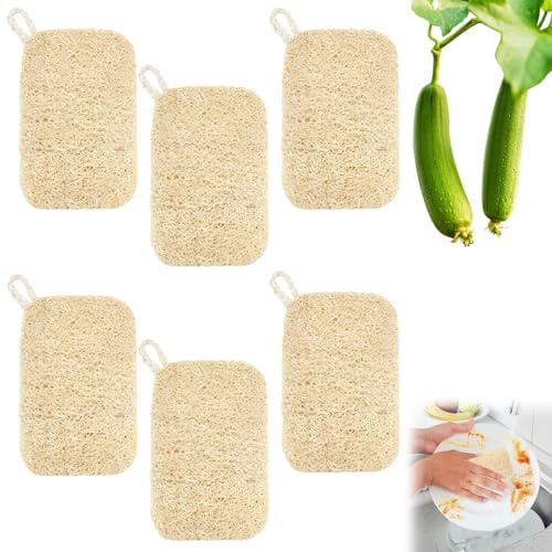 6 Pezzi Spugna Luffa Naturale 9x14cm, Luffa Vegetale per Piatti Resistente Alle Macchie, Oleorepellente, Altamente Assorbente Traspirante, Ad Asciugatura Rapida, per Docce/Bagni/Cucine/Piani Di Lavoro