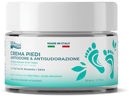 REPOSA - Crema Deodorante Piedi per Sudore e Cattivo Odore, Crema Piedi Antiodore e Antiperidrosi con Aloe Vera Gel, Tea Tree Oil e Acido Ialuronico - Astringente, Rinfrescante e Idratante, 50 ml