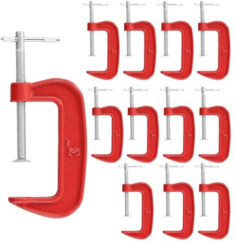 HOIGON 12 Pieces 3 Inch C-Clamps Set, Cast Iron C Clamp Set with 3 Inch Jaw Opening, 1.6 Inch Throat Depth for Woodworking, Welding, and Building, Red